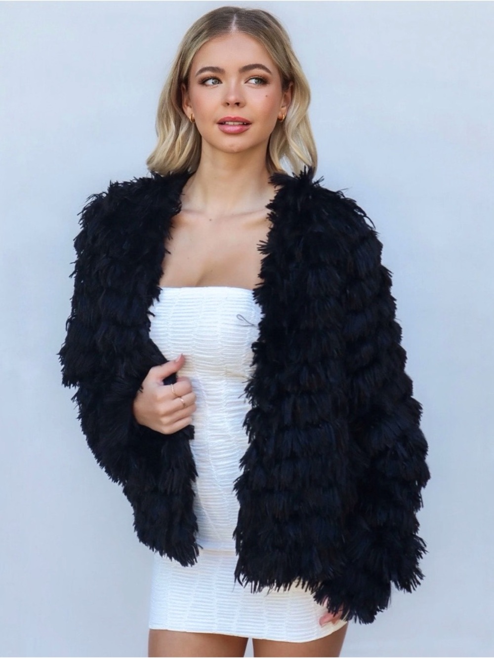 Blue blush Bambi faux fur fringe black jacket NWOT size small